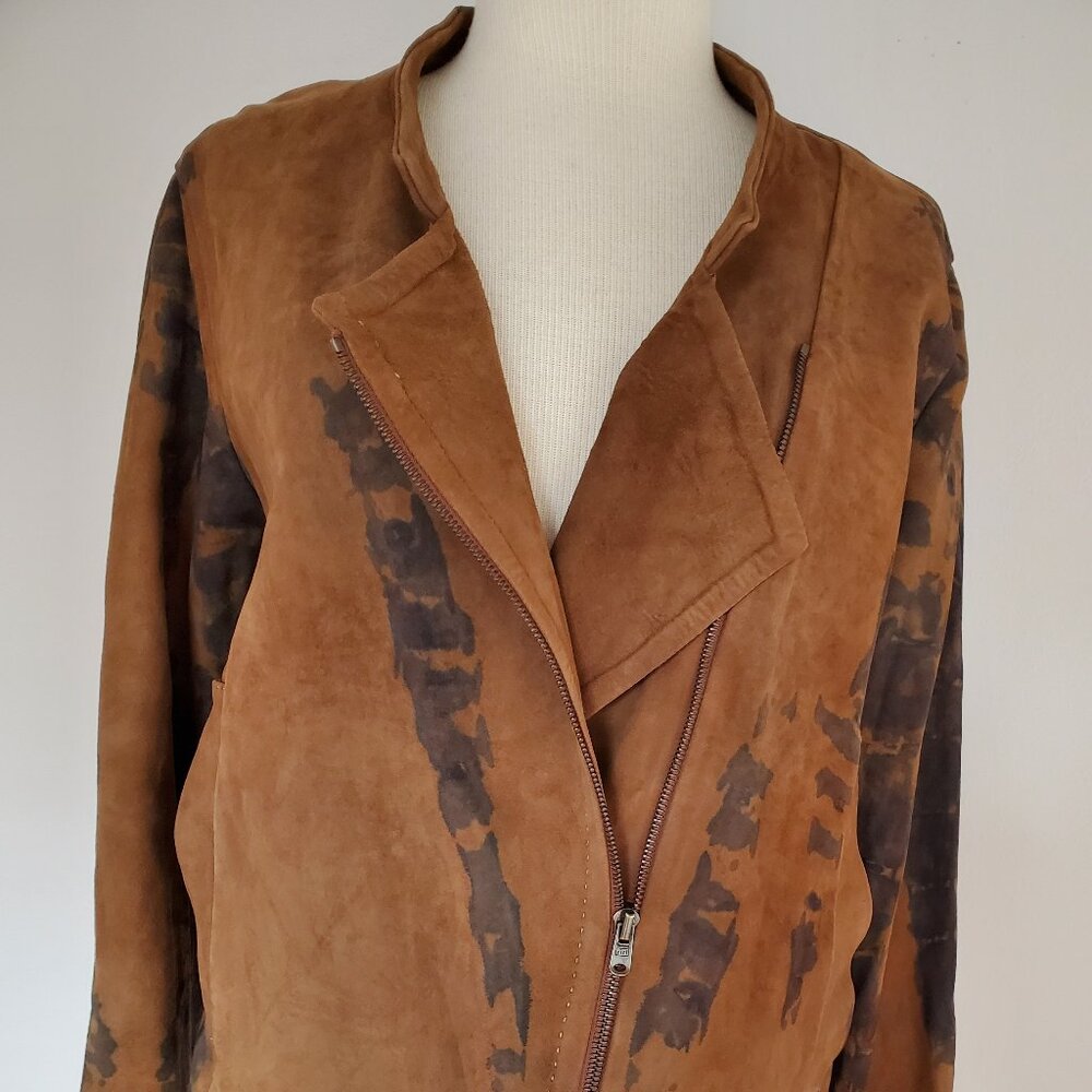 Donna Karan suede moto biker leather jacket brown black gray camo 8 10 12 large